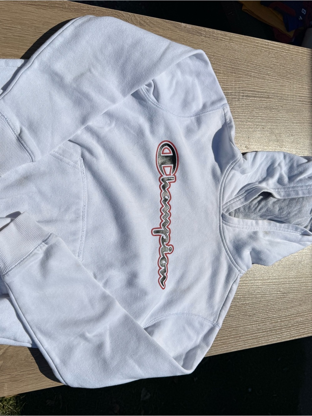 Champion White Hoodie with Black and Red Script Logo